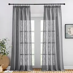 Produktbild: PONY DANCE Gardinen Wohnzimmer Modern Vorhang Leinenoptik - 2 Stücke H 245 x B 140 cm Gardinen Halbtransparent Dunkelgrau Vorhänge für Schienen Voile Gardinen mit Kräuselband