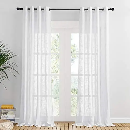 Produktbild: PONY DANCE Gardinen Wohnzimmer Vorhang Leinenoptik Gardienen 2-Set H 240 x B 132 cm Balkontür Gardine Weiss Halbtransparent Vorhänge mit Ösen