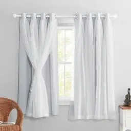 Produktbild: PONY DANCE Kinderzimmer Vorhang Mädchen 2 Stücke H 160 x B 132 cm Kurze Gardinen mit Zerknittertem Voile Dekoration Doppellagige Verdunklungsvorhänge mit Ösen, Grau-weiß