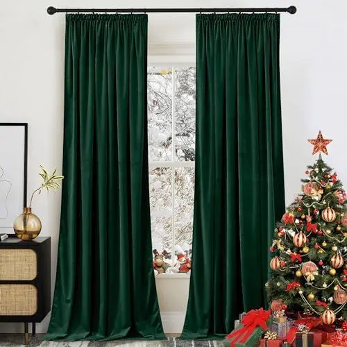 Produktbild: PONY DANCE Samt Vorhänge Dunkelgrün (300g/m²) Wohnzimmer Gardinen mit Kräuselband 2er Set H 240 x B 132 cm Thermogardine Kälteschutz Samtvorhang für Schienensystem Gardinen Velvet Blackout Curtains