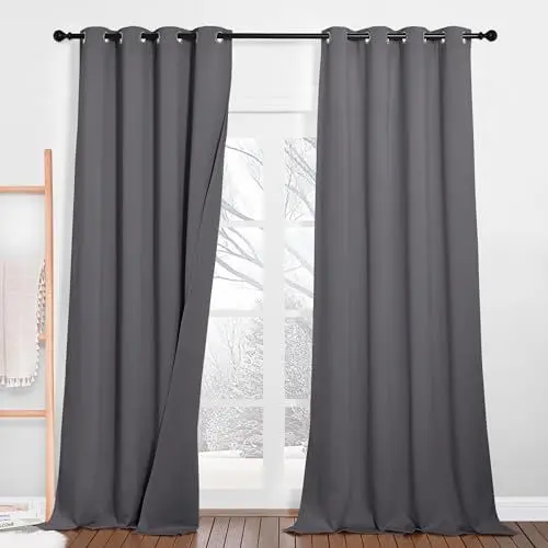 Produktbild: PONY DANCE Schallschutz Vorhang mit Abnehmbarem Filzfutter 2er Set H 240 x B 132 cm Dreilagige Verdunklungsvorhänge mit Ösen Dicke und Schwere Vorhänge Kälteschutz Thermovorhang, Grau