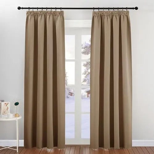 Produktbild: PONY DANCE Schlafzimmer Gardinen und Vorhänge mit Kräuselband für Gardinenschiene Thermovorhang gegen Hitze Verdunklungsvorhänge Kinderzimmer, 2er Set H 220 x B 140 cm, Cappuccino