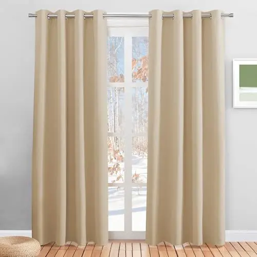 Produktbild: PONY DANCE Thermogardinen Hitzeschutz Wohnzimmer Gardinen Beige Blickdicht Ösenschal 2er Set H 200 x B 140 cm Wärmeisolierende Vorhänge Verdunkelung, Biscotti Beige