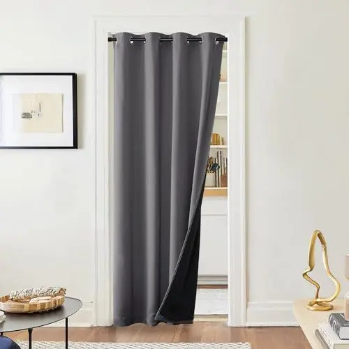 Produktbild: PONY DANCE Türvorhang Thermo Kälteschutz Doppellagige und Dicke Verdunklungsvorhänge Grau 1 Stück H 220 x B 140 cm Ösenvorhang Blickdicht Schlafzimmer Gardinen Wärmeisolierend