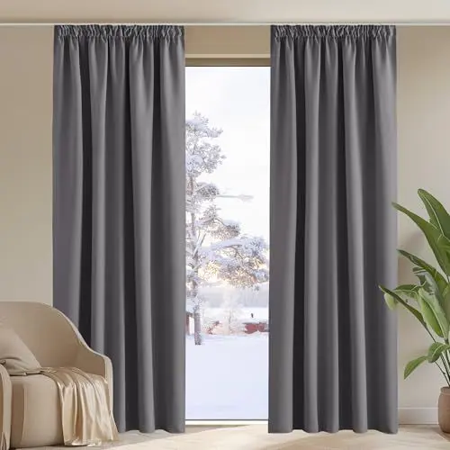 Produktbild: PONY DANCE Thermovorhang Hitzeschutz Kräuselband Gardinen Grau Blickdicht 2er Set H 245 x B 140 cm Verdunklungsgardine für Schiene Vorhänge Wohnzimmer Blackout Curtains for Bedroom