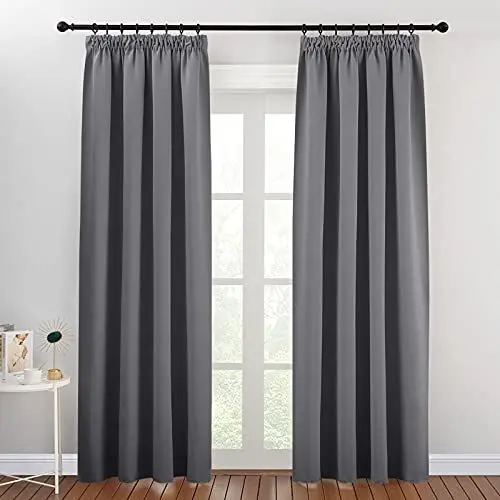 Produktbild: PONY DANCE Verdunklungsvorhänge mit Kräuselband für Schienen 2er Set H 200 x B 140 cm Thermovorhang gegen Hitze Schlafzimmer Gardinen Grau Blickdicht Thermal Curtains Blackout