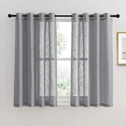 Produktbild: PONY DANCE Vorhänge Kurz Leinenoptik Gardinen für Küche Dekoschals Vorhang Leinenoptik Halbtransparent Voile Gardinen mit Ösen, 2er Set H 137 x B 132 cm, Dunkelgrau