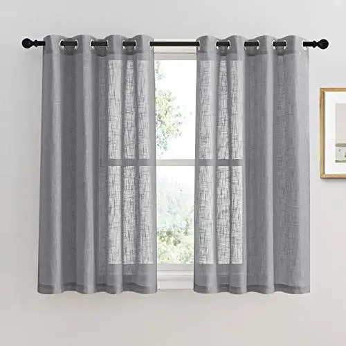 Produktbild: PONY DANCE Vorhänge Kurz Leinenoptik Gardinen für Küche Dekoschals Vorhang Leinenoptik Halbtransparent Voile Gardinen mit Ösen, 2er Set H 137 x B 132 cm, Dunkelgrau