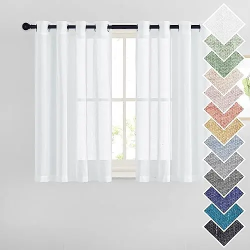 Produktbild: PONY DANCE Vorhang Kurz Leinenoptik Gardinen Weiss Halbtransparent Ösenvorhang 2er Set H 145 x B 140 cm Küchen Vorhänge im Landhausstil Kurze Gardinen Wohnzimmer