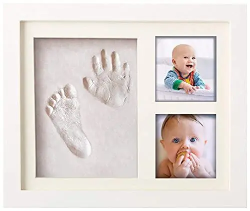 Produktbild: Pookie Boo Premium Baby Hand und Fußabdruck Set selber machen - mit Echtholz Bilderrahmen, Acrylglas & Platzhalter für 2 Babyfotos - Perfekte Geschenkidee für Kleinkinder, Väter und Mütter