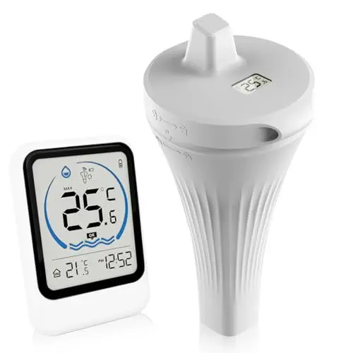 Produktbild: Pool Thermometer Funk, IP68 Wasserdicht Poolthermometer Digital Schwimmend Funk, Schwimmbadthermometer Wasserthermometer Digitales Thermometer für Pools, Badewannen, Schwimmbäder, Aquarium, Teich