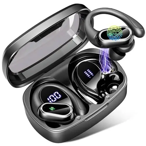 Produktbild: Poounur Bluetooth Kopfhörer Sport, 2023 Kopfhörer Kabellos Bluetooth 5.3 Tiefer Bass, 50H ENC Mic Noise Cancelling Bluetooth Kopfhörer in Ear, LED-Anzeige, USB-C, IP7 wasserdichte Ohrhörer Bluetooth