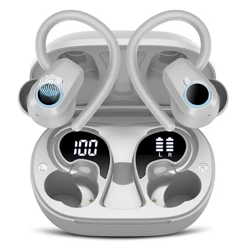 Produktbild: Poounur H9 Bluetooth 5.3 Sport Kopfhörer, Kabellose In Ear Ohrhörer mit 50 Std HiFi Stereo, Wasserdicht IP7, Noise Cancelling, 2 Jahre Garantie, Hellgrau