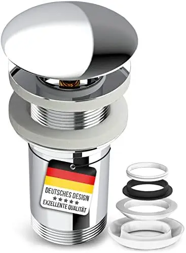 Produktbild: Pop Up Ablaufgarnitur Waschbecken Mit überlauf - Universal Abfluss Waschbecken von Messing Verchromt Inkl 3 Dichtungen Für Ablaufventil Waschtisch Ablaufgarnitur