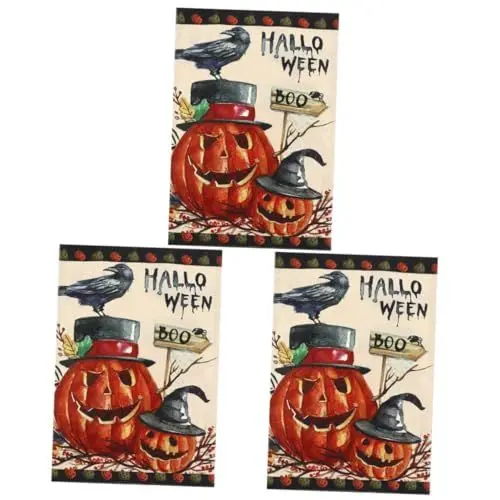 Produktbild: POPETPOP 3st Halloween Garten Flagge Herbstgartenfahne Halloween-hausflagge Oder Laterne Kürbis Garten Flagge Krähe Kleine Halloween-flagge Gartenfahnen Drucken Dekorative Flagge Flachs