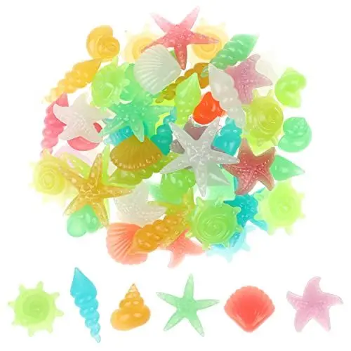 Produktbild: POPETPOP 50 Stücke Muschelmix Leuchtsteine Leuchtende Kieselsteine Dekomuscheln Basteln Seestern für Landschaft Aquarium Garten Gehweg Flur Kinderzimmer Deko (Zufällige Farbe)