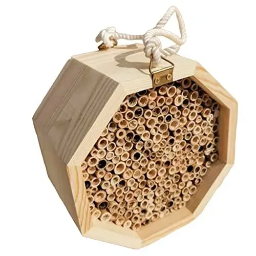 Produktbild: POPETPOP Bienenwabe Bienenbestäuberhaus Heimisches Bienenhaus Bienenfass Holzhaus Bienennest Natürlicher Bienenstock Holz Bestäuber Bienenhaus Kabine Getrocknetes Schilf Draussen
