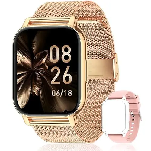 Produktbild: Popglory Smartwatch Herren Damen, Sprachassistent, 100+ Sportmodi Fitnessuhr mit Bluetooth Anrufe SpO2 Blutdruckmessung Herzfrequenz Schrittzähler Schlafmonitor, 2 Uhrenarmband für Android iOS