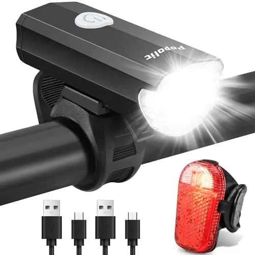 Produktbild: Popolic Fahrradlicht Set, StVZO Zugelassen 30/15 Lux Fahrradbeleuchtung Fahrradlampe Wasserdicht und Wiederaufladbare Fahrrad Lichter LED Set, Frontlichter & Rücklicht Zoll