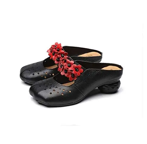 Produktbild: Popoti Damen Sandalen, Sommer Slipper mit Absatz Pantoletten Hausschuhe Leder Pumps Blume Mokassins Wedges Loafer Schuhe Flip Flops (Schwarz-1, 39)