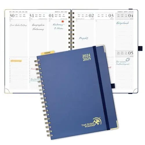 Produktbild: POPRUN Kalender 2025 Buchkalender (Aug.2024-Dez.2025) Ringbuch mit Hardcover, ca. A4 (25,5 x 20,5 cm), 17-Monate-Terminplaner, Wochenplaner 2025 mit Plastiklineal - Marineblau