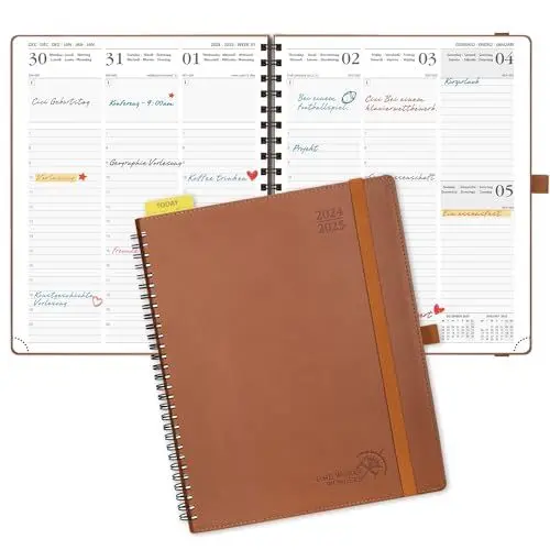 Produktbild: POPRUN Kalender 2025 Wochenplaner (Aug.2024-Dez.2025) Ringbuch mit Softcover, ca. A4 (26,5 x 21,5 cm), 17-Monate-Terminplaner 2025 1 Woche 2 Seite mit Zertifiziertem Papier - Braun