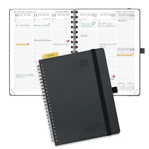 Produktbild: POPRUN Kalender 2025 Wochenplaner (Aug.2024-Dez.2025) Ringbuch mit Softcover, ca. A5 (22 x 16,5 cm), 17-Monate-Terminplaner 2025 1 Woche 2 Seite mit Zertifiziertem Papier - Schwarz
