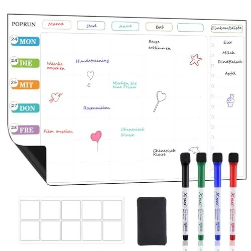 Produktbild: POPRUN Magnetisch Familienplaner Wochenplaner Magnettafel Kühlschrank abwischbar,Whiteboard Kalender,Terminplaner wiederverwendbar- 43 x 28 cm auf Deutsch