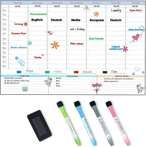 Produktbild: POPRUN Magnetisch Whiteboard Wochenplaner abwischbar Familienplaner Planungstafel Haushaltsplan Magnettafel Kühlschrank Kinder Belohnungstafel Stundenplan für Büro und Schule 43 x 28 cm auf Deutsch