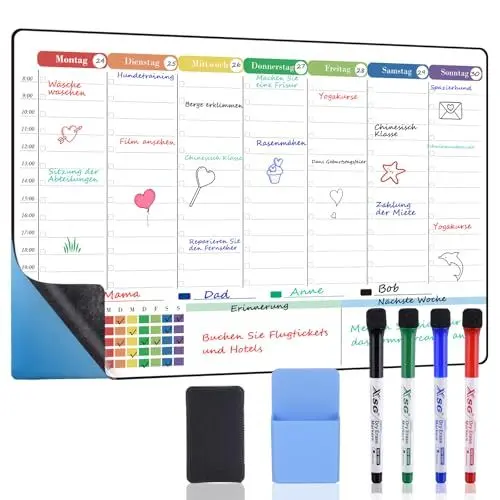 Produktbild: POPRUN Whiteboard Wochenplaner Abwischbar Selbstklebend für die Kühlschrank, Wand, Glas und Holz(jede glatte Oberfläche) Familienplaner, Planungstafel, Haushaltsplan, Essensplaner, 42×28cm auf Deutsch