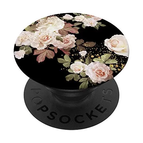 Produktbild: PopSockets Künstlerische Aquarell-weiße rosa Rose Flower auf Schwarzem PopSockets PopGrip: Ausziehbarer Sockel und Griff für Handys/Tablets mit Tauschbarem Top