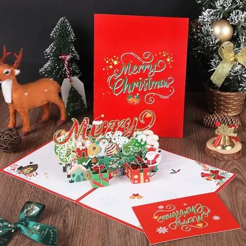 Produktbild: Pop-up-Karten aus Papier, Geschenkbox „Frohe Weihnachten“, Geschenkbox mit Weihnachtsbaum, 3D-Pop-up-Grußkarten, Weihnachtskarten, Karten mit Notizkarten und Umschlägen