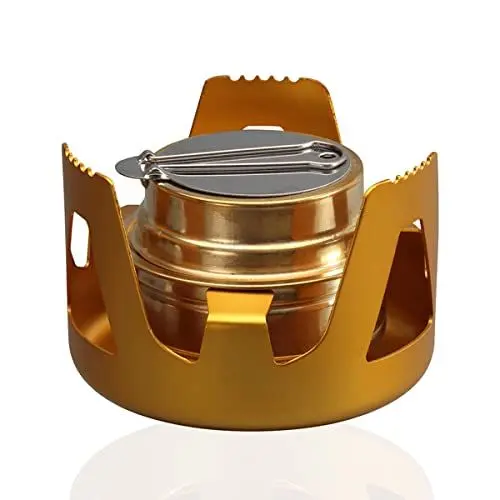 Produktbild: Porssaut Spiritusbrenner Alkohol Brenner Tragbarer Kupferlegierung Campingkocher Aluminiumlegierung Messingofen Mini Ultraleicht mit versiegelter Kappe Feuerlöschdeckel für BBQ Picknick Kochen - Gold