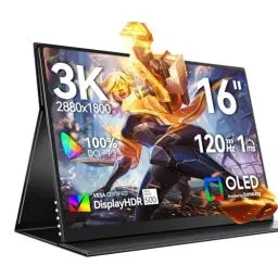 Produktbild: Portable Monitor OLED 3K 120Hz 16 Zoll mit 100000:1 500 Nits 2880*1800 16:10 DCI-P3 1ms Ansprechzeit Bildschirm Mini HDMI USB C für PC Laptop Handy Xbo Switch PS5, Metallgehäuse, VESA-kompatibel