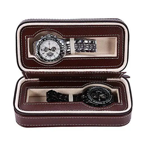 Produktbild: Salmue Portable Watch Organizer, Uhrenbox mit 2 Slots Schmuckuhrständer - Reiseuhr Aufbewahrungskoffer Braun
