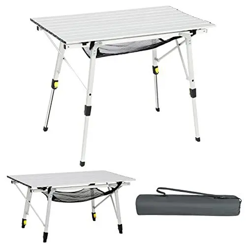 Produktbild: PORTAL Campingtisch faltbar Höhenverstellbar 45-70cm Klapptisch Aluminium 90 x 53cm rollbar Camping Tisch klappbarer Falttisch leicht Silber