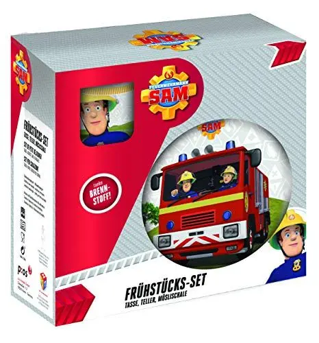 Produktbild: P:os 27123 - Frühstücksset Feuerwehrmann Sam, 3-teiliges Geschirrset mit Teller, Schüssel und Tasse, Kindergeschirr aus Porzellan, spülmaschinen-/mikrowellengeeignet
