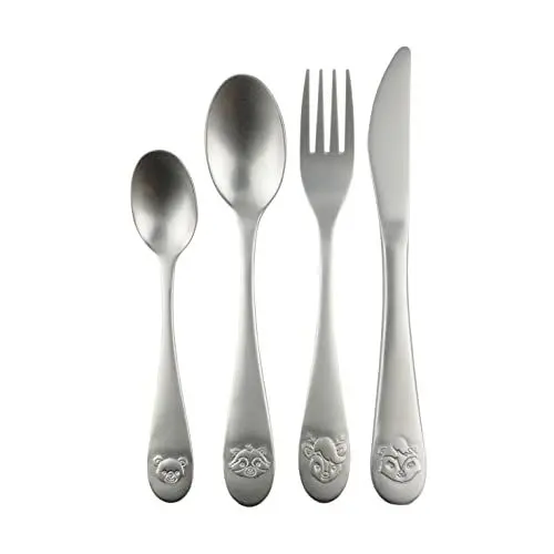 Produktbild: P:os 34320 - Besteck-Set mit Waldfreunde Prägung, 4-teiliges Kinder-Besteck aus rostfreiem Edelstahl, Ess-Besteck mit Messer, Gabel, Suppen-Löffel und Dessert-Löffel, spülmaschinengeeignet