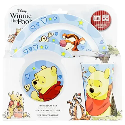 Produktbild: p:os 33543088 - Winnie Pooh Frühstücksset, 3-teiliges Geschirrset mit Teller, Schüssel und Trinkbecher, Kindergeschirr aus Kunststoff, spülmaschinen-/mikrowellengeeignet