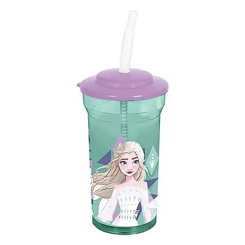 Produktbild: p:os 35454 - Frozen Die Eiskönigin 2 - Trinkbecher für Kinder mit integriertem Strohhalm und Deckel, Trinkgefäß mit ca. 460 ml Fassungsvermögen, ideal für kalte Getränke, Lila