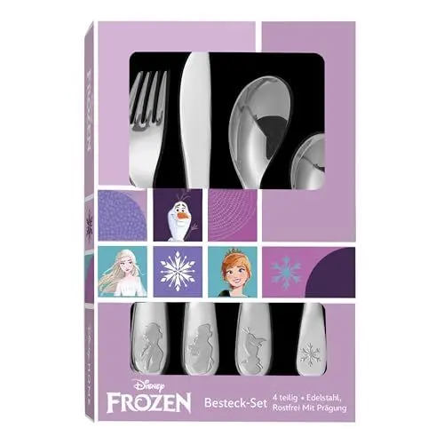 Produktbild: p:os 35805 - Frozen die Eiskönigin Besteckset für Mädchen, 4-teiliges Kinder-Besteckset aus Edelstahl, mit Messer, Gabel, Suppenlöffel und Dessertlöffel, Bunt