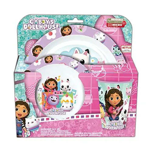Produktbild: p:os 35808 Gabbys Dollhouse - Frühstücksset, 3 teiliges Geschirrset mit Teller, Schüssel und Becher, Kindergeschirr aus Kunststoff, spülmaschinen-/mikrowellengeeignet