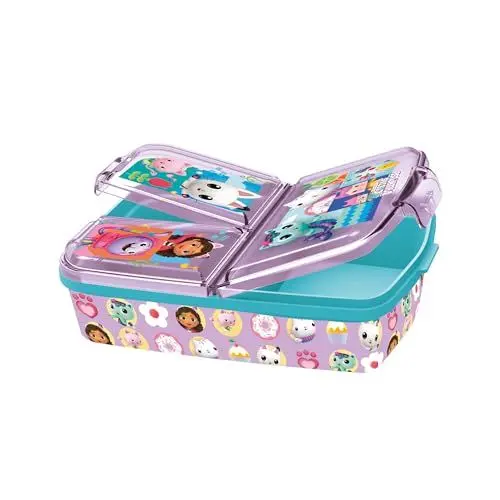 Produktbild: p:os 36543 - Gabbys Dollhouse Brotdose für Kinder mit 3 Fächern, Lunchbox aus Kunststoff mit Clip-Verschlüssen, Vesperdose für Kindergarten, Schule und Freizeit