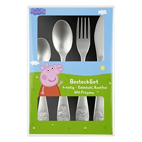 Produktbild: p:os Peppa Wutz Kinderbesteck, 4-teiliges Besteckset mit Messer, Gabel, Suppenlöffel und Dessertlöffel, Essbesteck mit Prägung aus rostfreiem Edelstahl, Silber