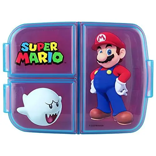 Produktbild: p:os Super Mario Brotdose für Kinder mit 3 Fächern, Lunchbox aus Kunststoff mit Clip-Verschlüssen, Vesperdose für Kindergarten, Schule und Freizeit, Mehrfarbig
