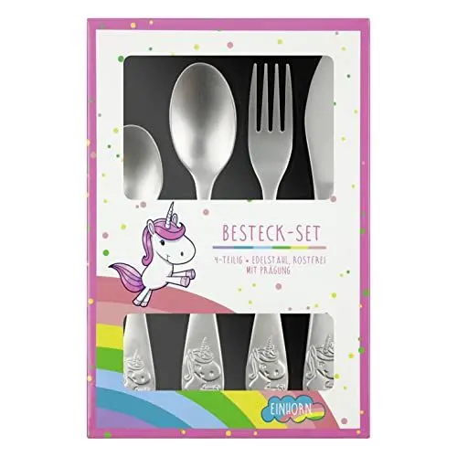 Produktbild: p:os p:os Einhorn Kinderbesteck, 4-teiliges Besteckset mit Messer, Gabel, Suppenlöffel und Dessertlöffel, Essbesteck mit Prägung aus rostfreiem Edelstahl