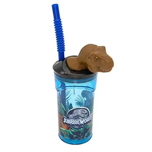 Produktbild: p:os p:os Jurassic World Trinkbecher für Kinder mit integriertem Strohhalm, Deckel und 3D Figur, Trinkgefäß mit ca. 360 ml Fassungsvermögen, ideal für kalte Getränke