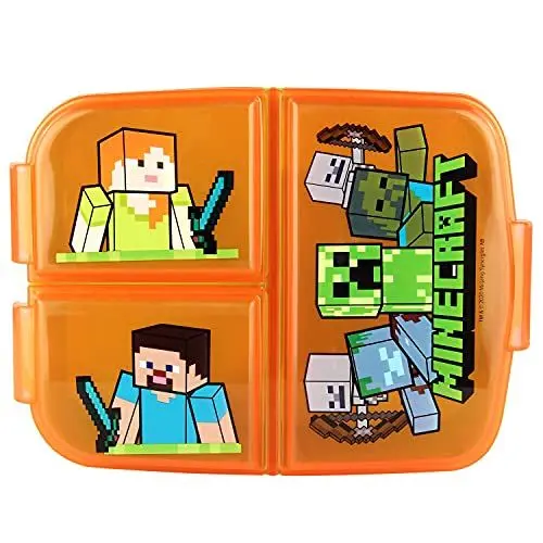 Produktbild: p:os p:os Minecraft Brotdose für Kinder mit 3 Fächern, Lunchbox aus Kunststoff mit Clip-Verschlüssen, Vesperdose für Kindergarten, Schule und Freizeit