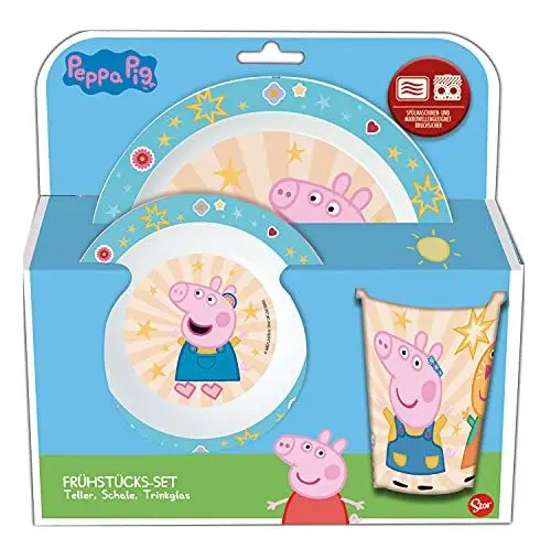 Produktbild: p:os p:os Peppa Wutz Frühstücksset, 3-teiliges Geschirrset mit Teller, Schüssel und Trinkbecher, Kindergeschirr aus Kunststoff, spülmaschinen-/mikrowellengeeignet