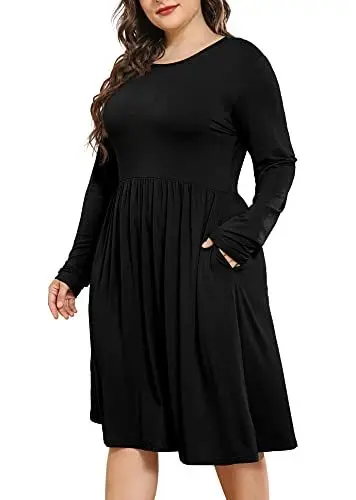 Produktbild: POSESHE Damenkleider in Übergröße, Lange Ärmel, Rundhalsausschnitt, Freizeitkleider, Empire-Taille, locker, fließendes Kleid mit Taschen, C1-Black, 4XL Große Größen